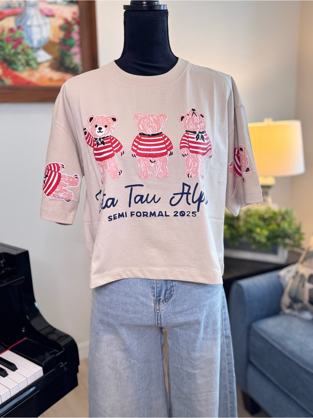 Beige Graphic Tee with Bear Print
